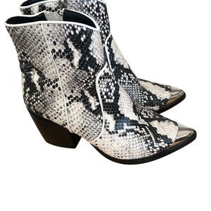 Steve Madden Leather Snakeskin Pointed Silver Toe Ankle Boots Block Heel Sz‎ 5.5